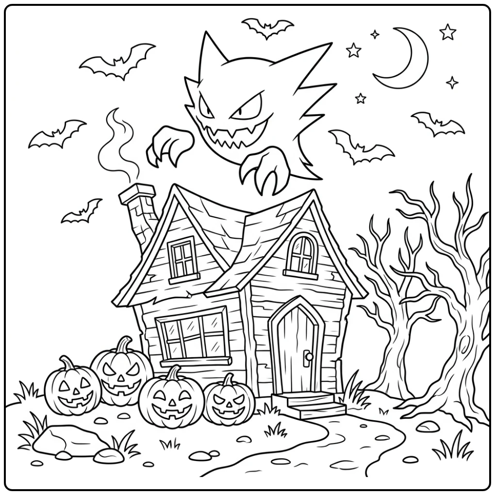 Ghostly Halloween Pokemon with Haunter and House coloring page