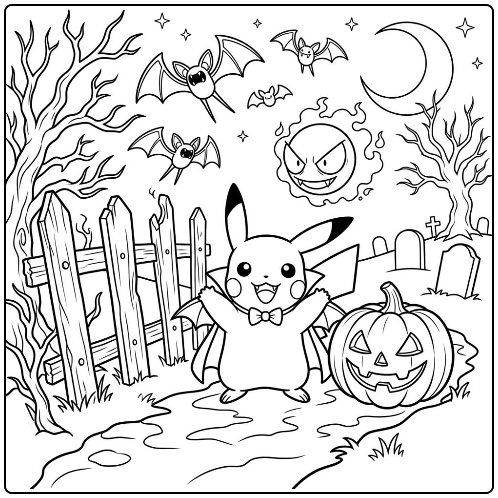 Ghostly Halloween Pokemon Pikachu Friends coloring page