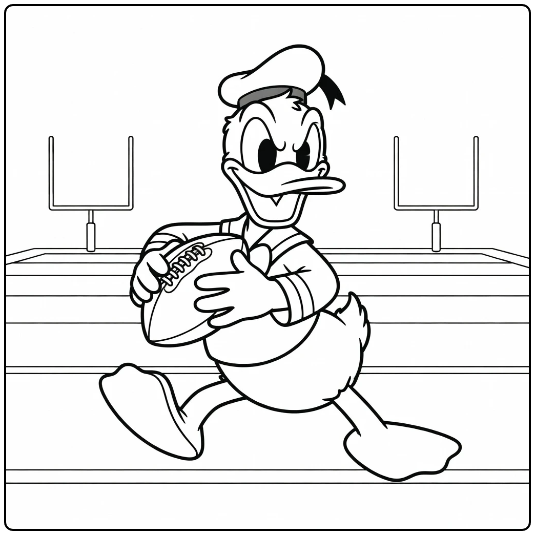 Sporty Donald Duck with a Soccer Ball on the Field coloring page