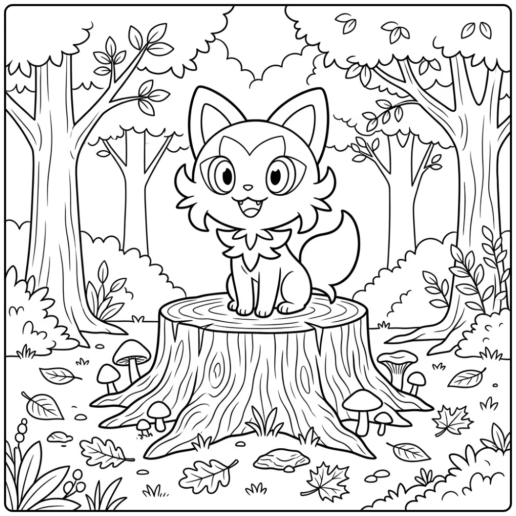 Pokemon Sprigatito in Forest Proudly Sitting coloring page