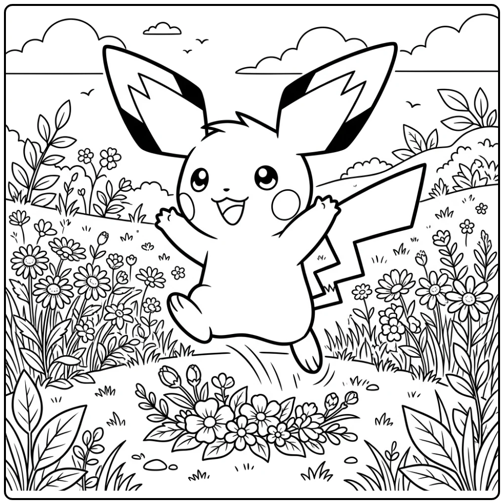 Jumping Pichu Next to Small Flowers coloring page