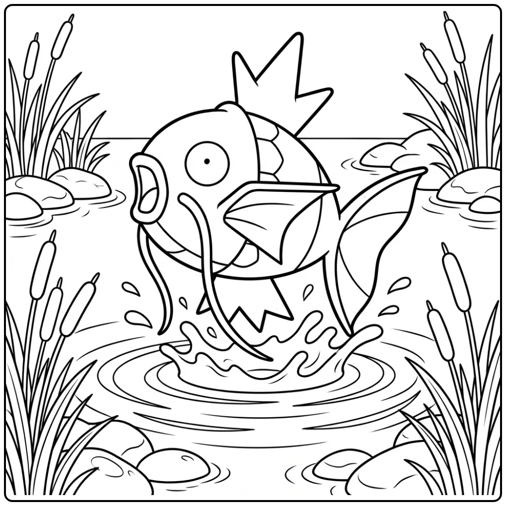 Jumping Pokemon Magikarp by the Riverbank coloring page