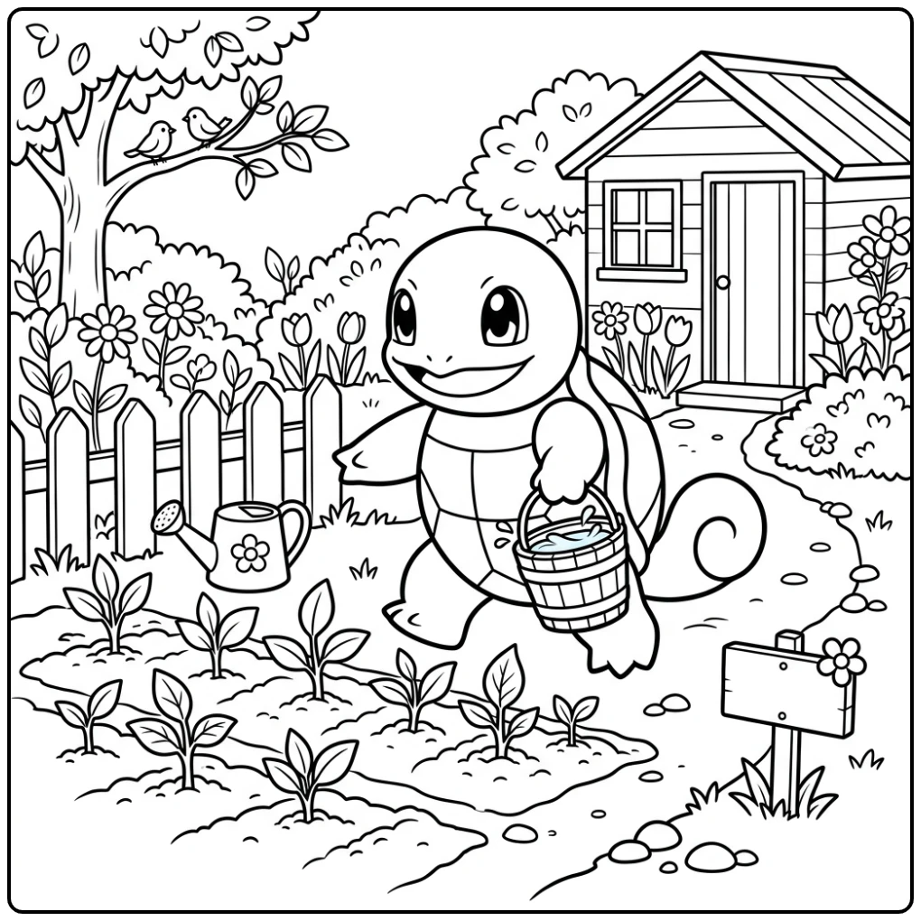 Helpful Squirtle Watering Plants coloring page