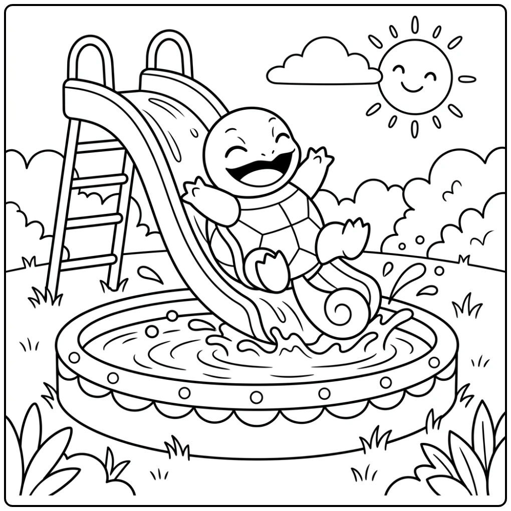 Squirtle Taking a Playful Dive from the Slide coloring page