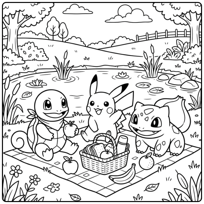 Squirtle Cozy Picnic with Friends coloring page
