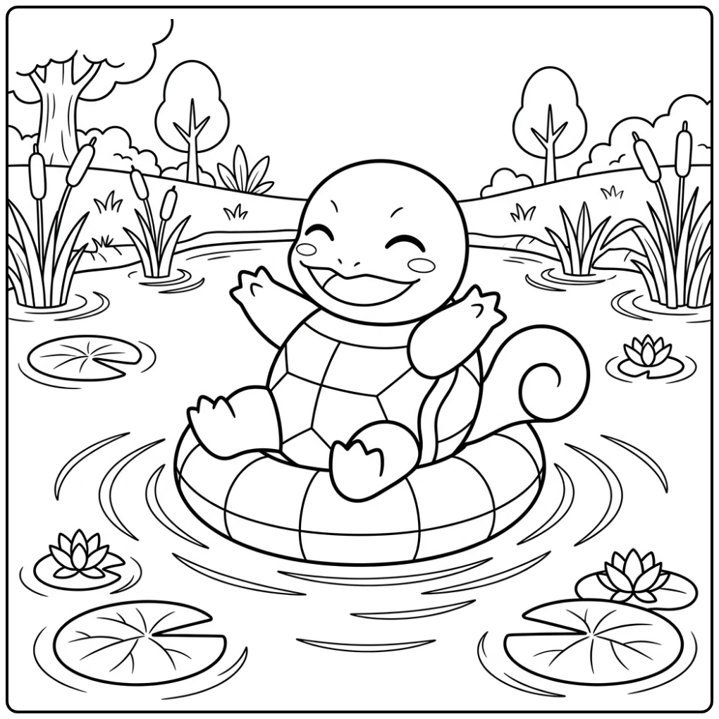 Squirtle Relaxing in a Pond with Lily Pads coloring page