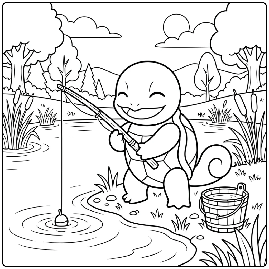 Squirtle Relaxing Fishing with the Quiet Lake coloring page
