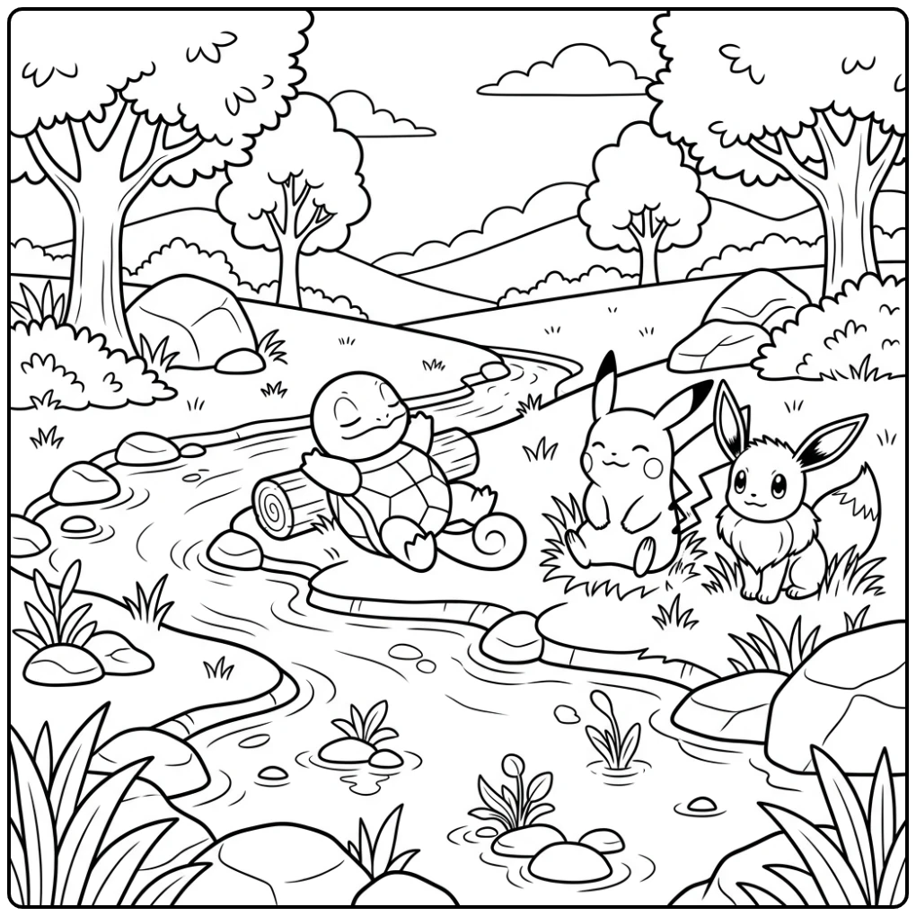 Squirtle Quiet Scene with Eevee and Pikachu coloring page