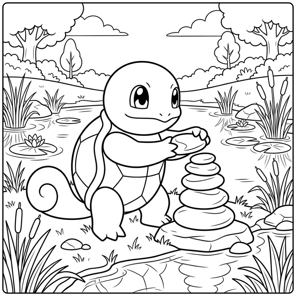 Squirtle Stone Balancing with the Pond coloring page