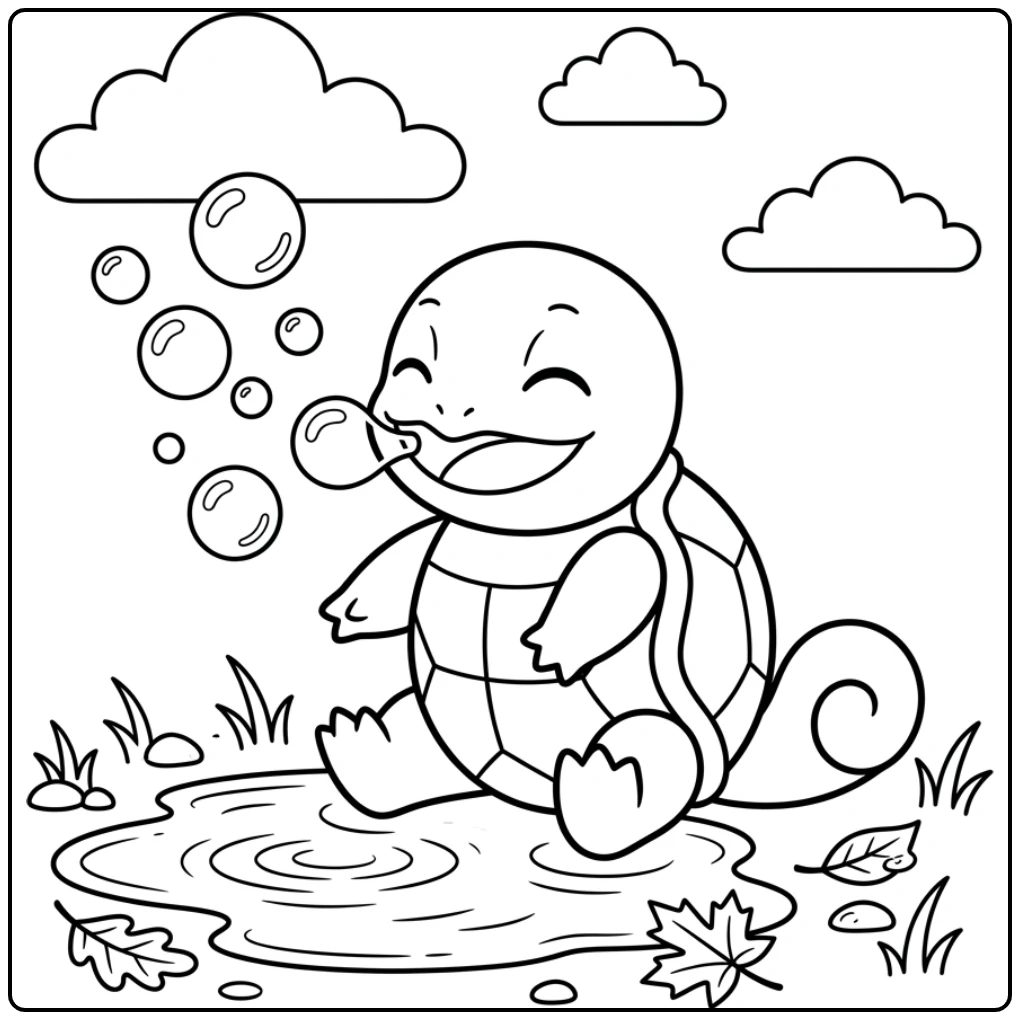 Squirtle Cheerful Bubbles After the Rain coloring page