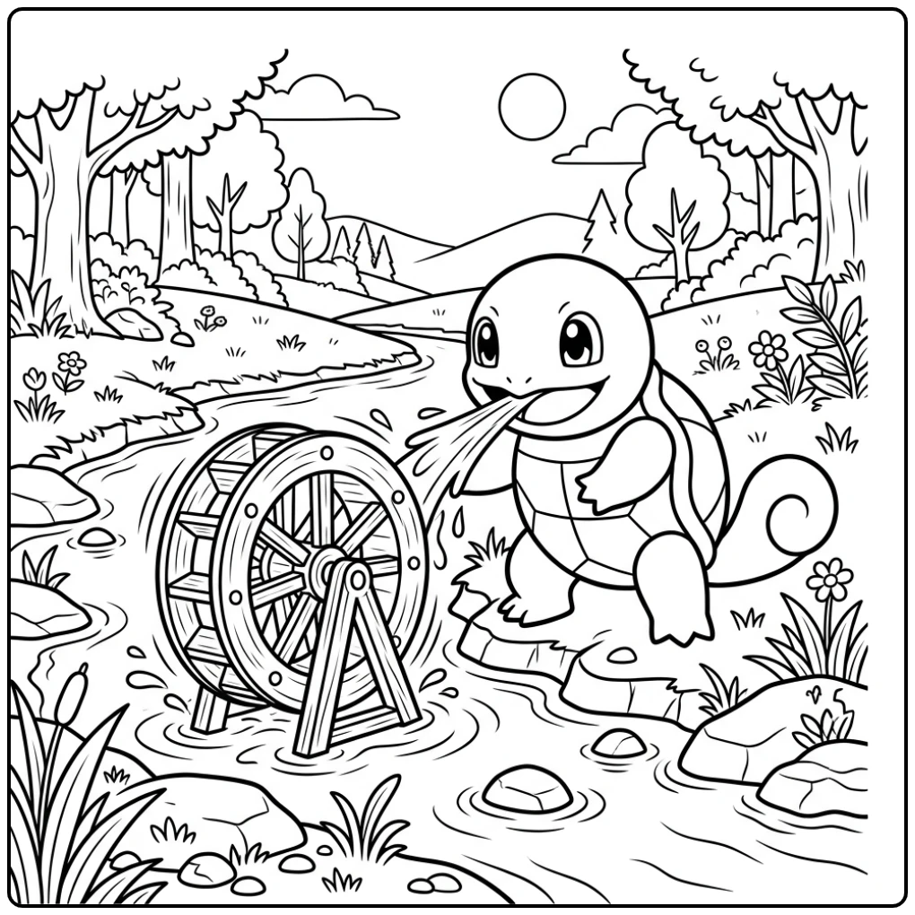 Squirtle Turning a Water Wheel with a Water Jet coloring page