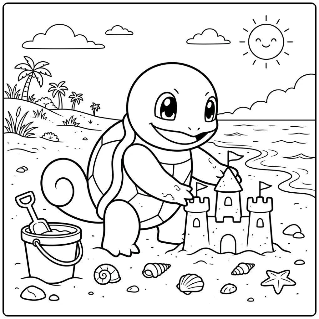 Squirtle Sand Castle Fun on a Quiet Beach coloring page