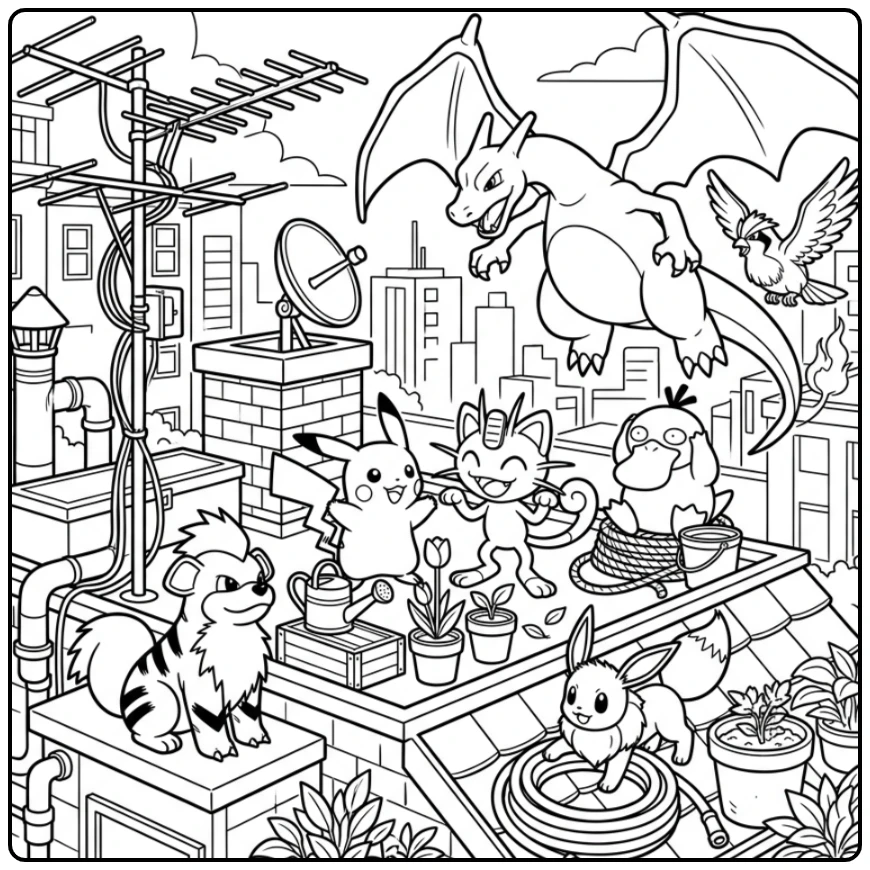 Pokemon City Adventure with Charizard and Eevee coloring page
