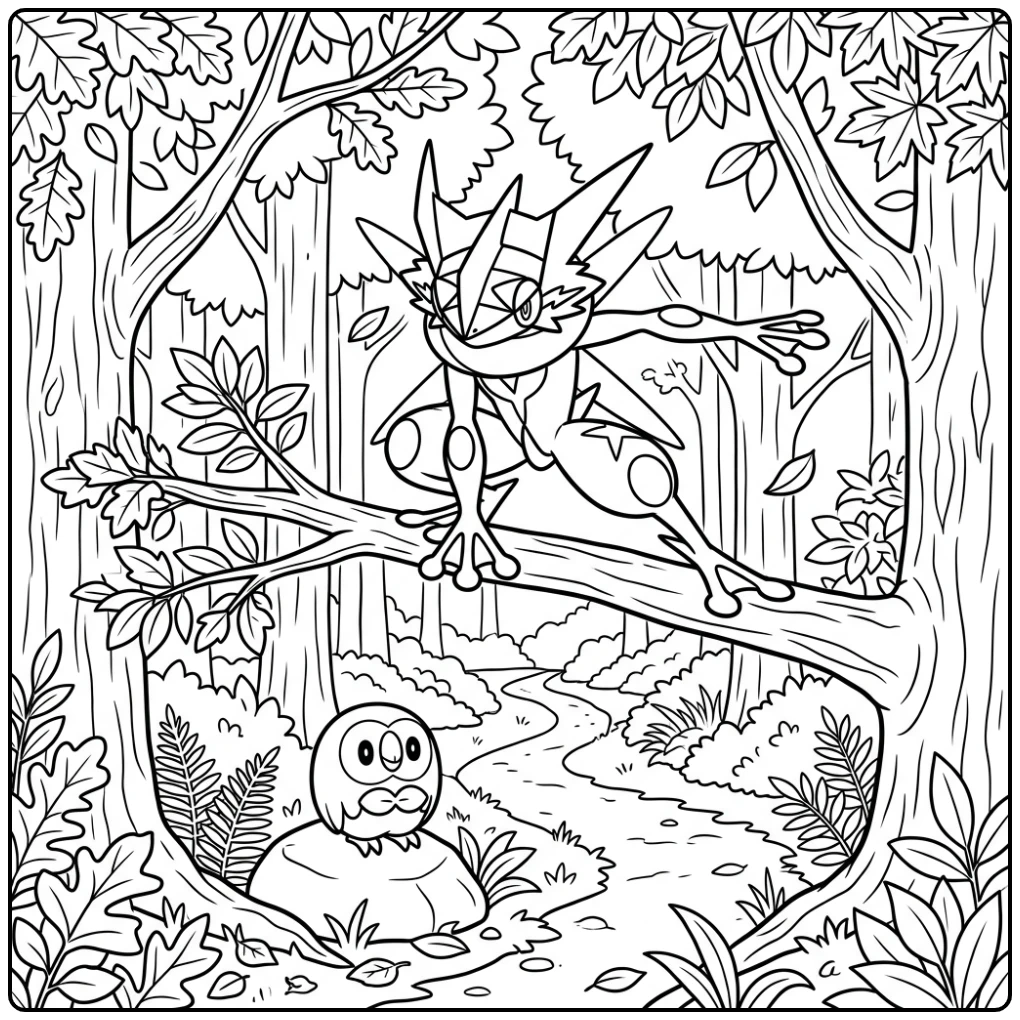Stealthy Ninja Pokemon Mega Greninja on the Branch coloring page