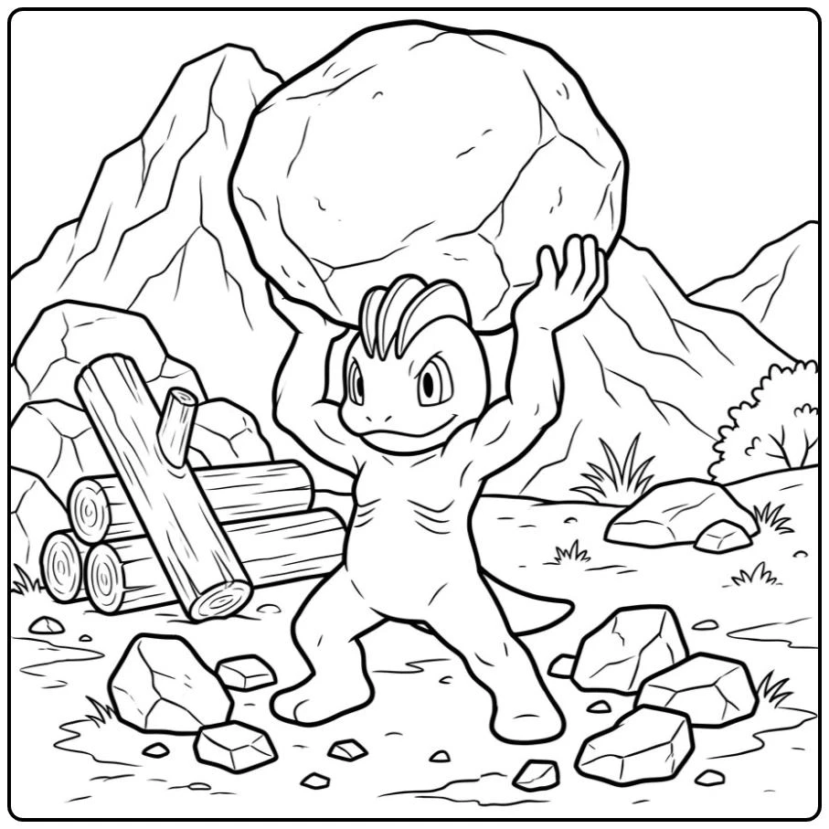 Strong Pokemon Machop with a Big Rock coloring page