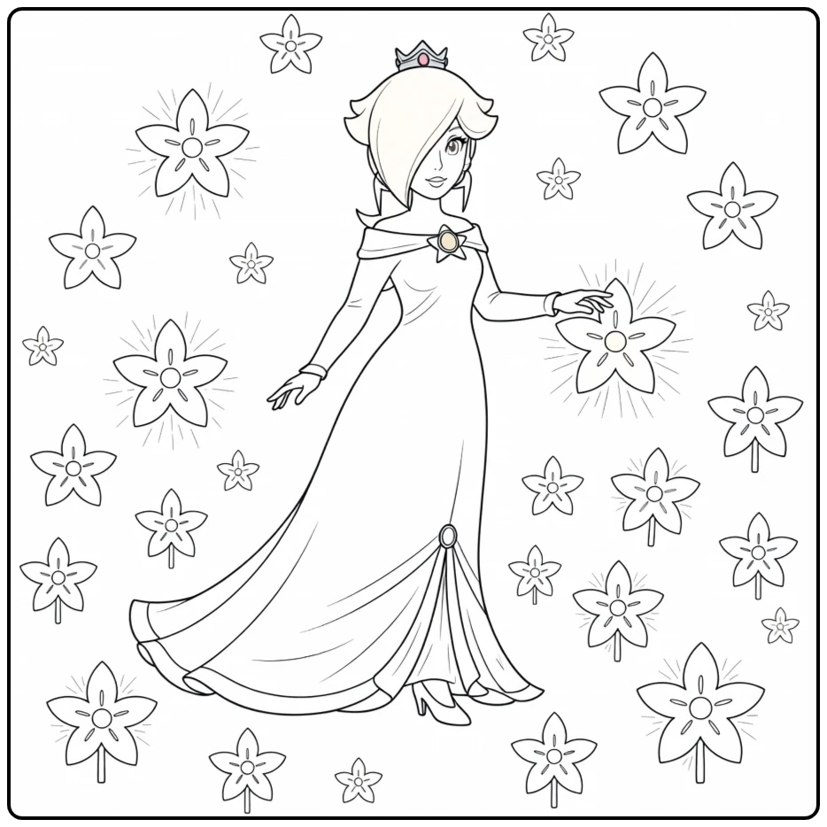 Rosalina Resting Among Star Flowers coloring page