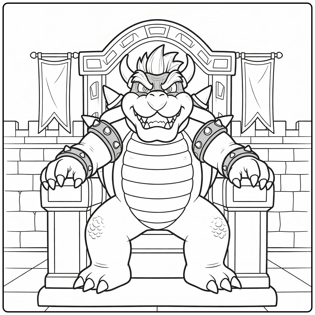Tough King Bowser on His Castle Throne coloring page