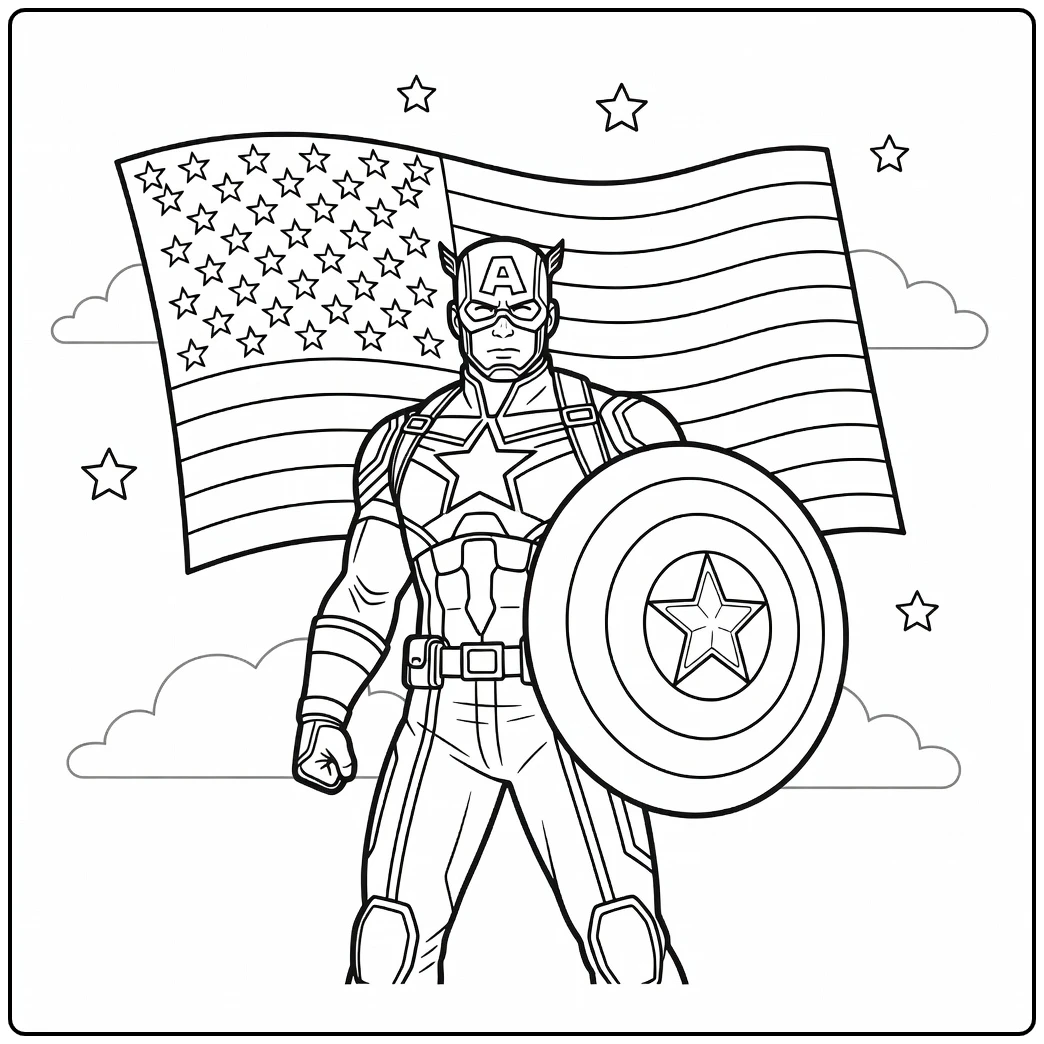Captain America coloring page holding his iconic shield