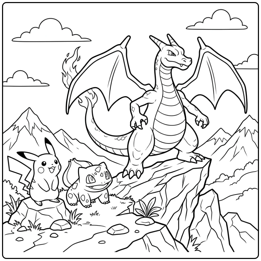Tough Charizard Pikachu and Bulbasaur on Top coloring page