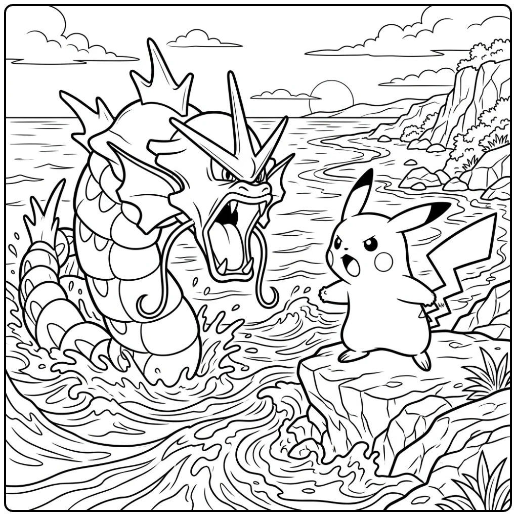 Tough Gyarados and Pikachu Battle coloring page
