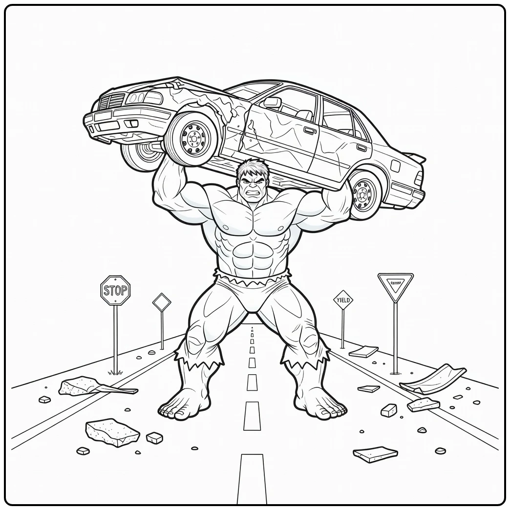 Tough Hulk with a Crushed Car on Street coloring page