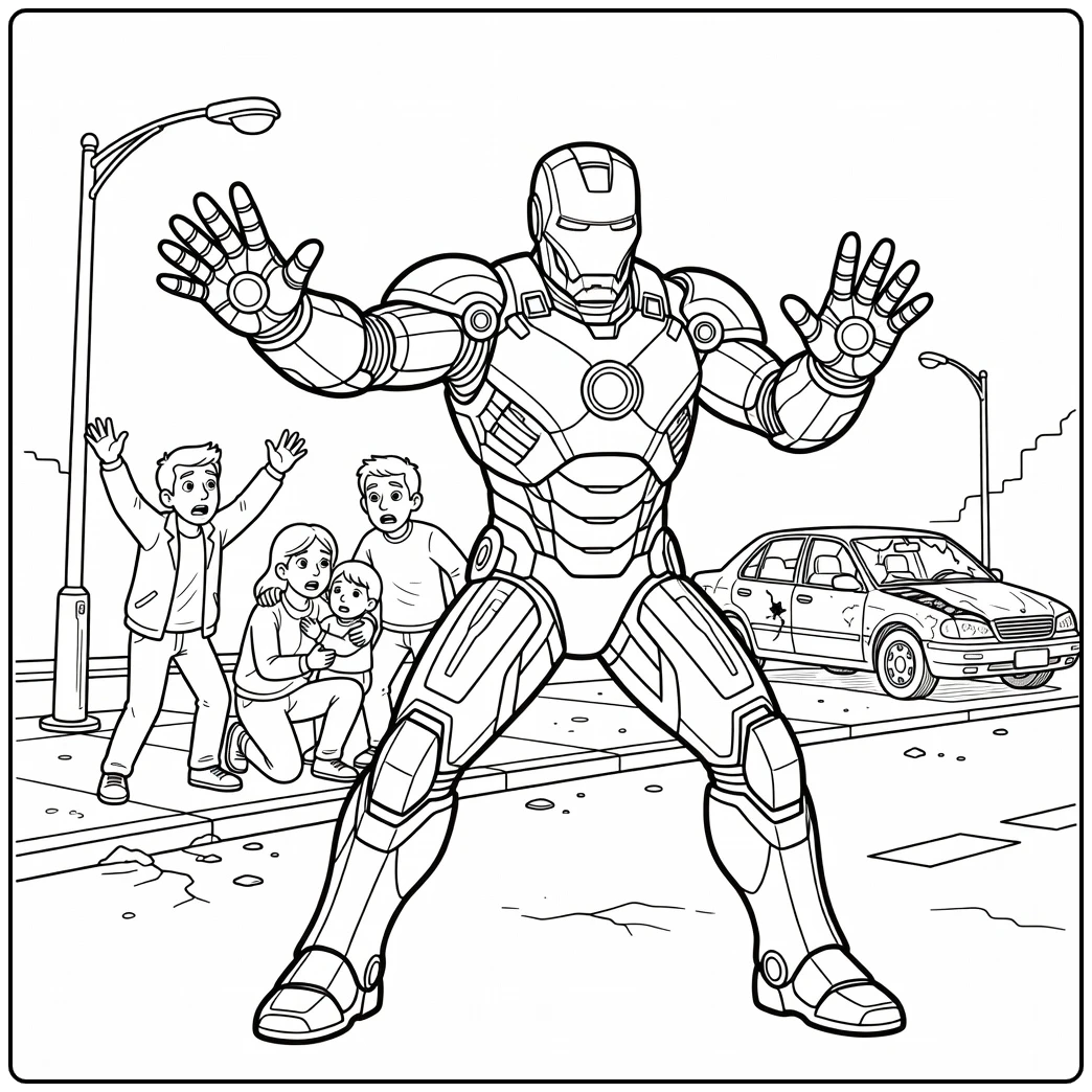 Tough Iron Man During a Battle on Street coloring page