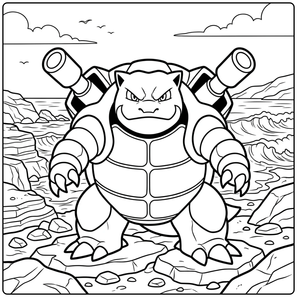 Tough Pokemon Blastoise with the Ocean Waves coloring page