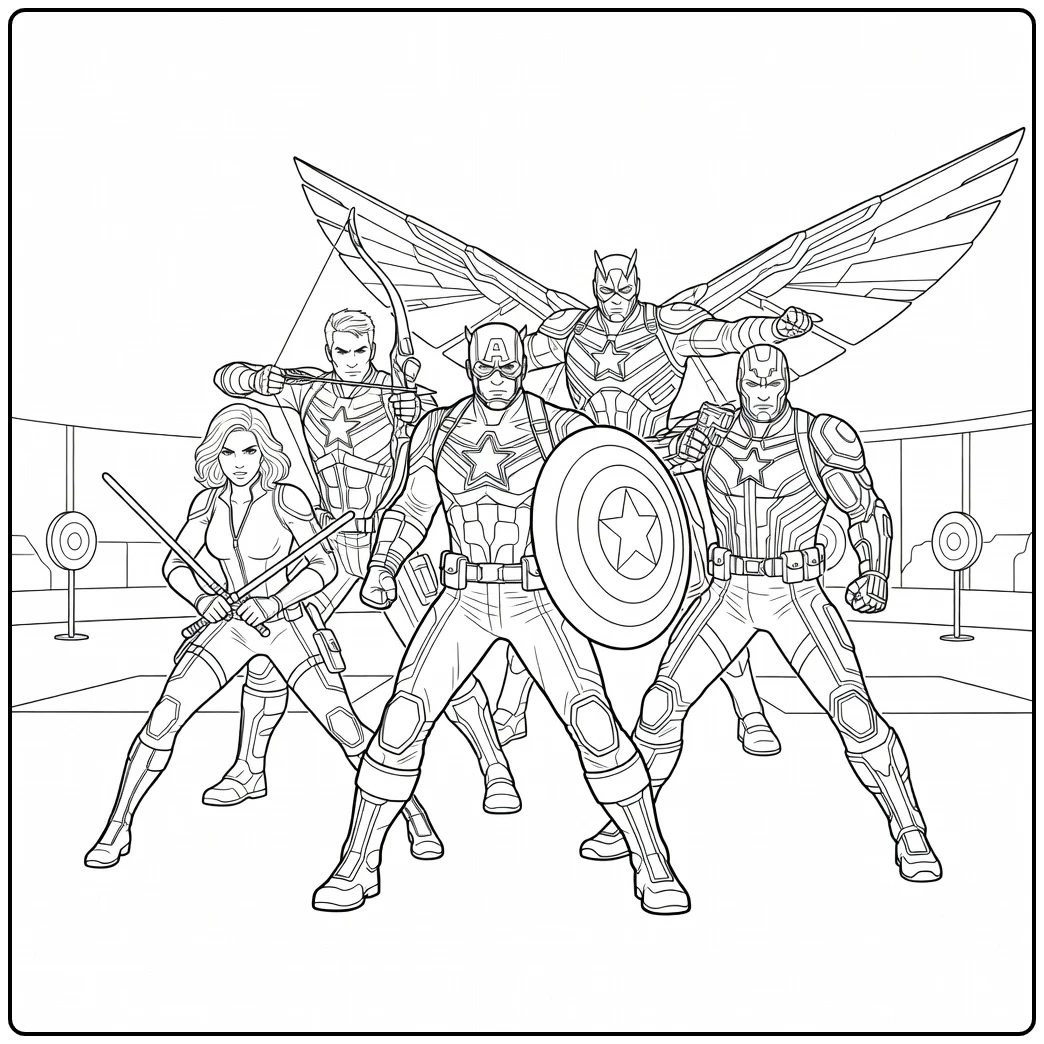 Marvel coloring page with a superhero team scene