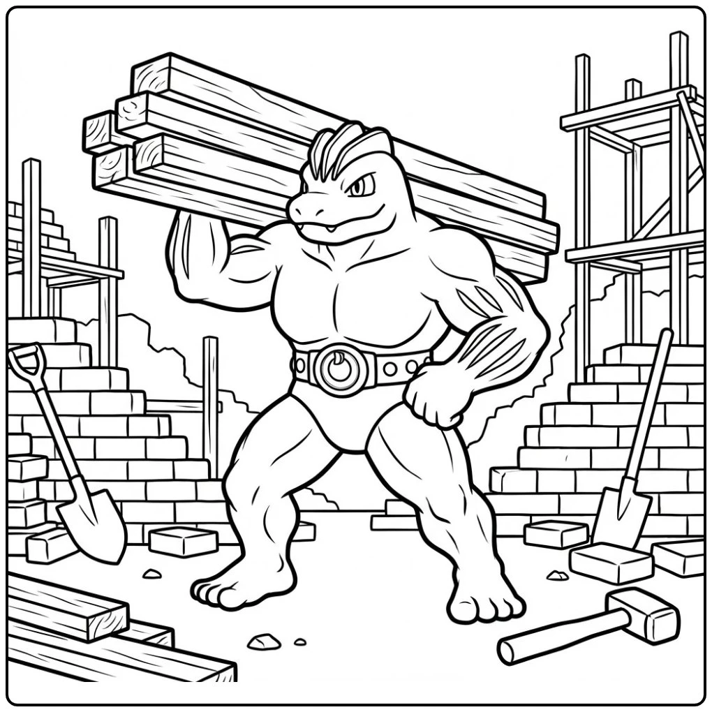 Tough Pokemon Machoke on a Busy Construction Site coloring page