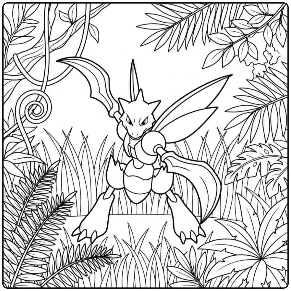 Tough Pokemon Scyther in the Tropical Jungle coloring page