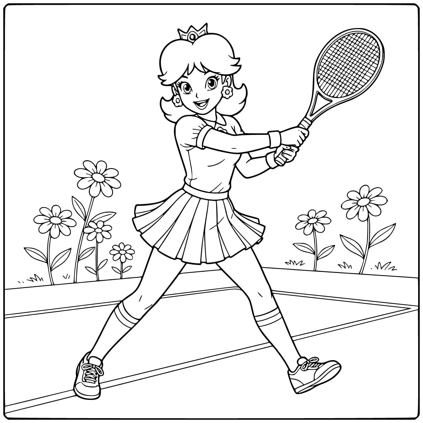 Princess Daisy coloring page with an elegant princess dress