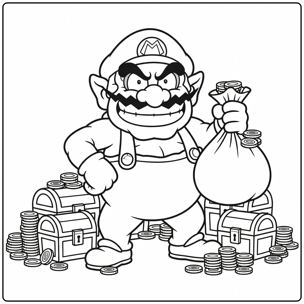 Tough Wario a Bag Full of Golden Coins coloring page