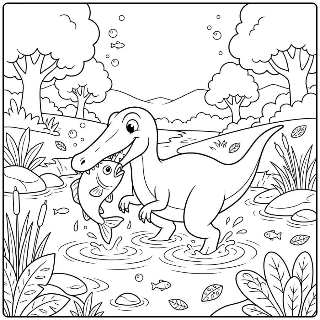 Suchomimus Catching Fish Dinosaur the Water coloring page