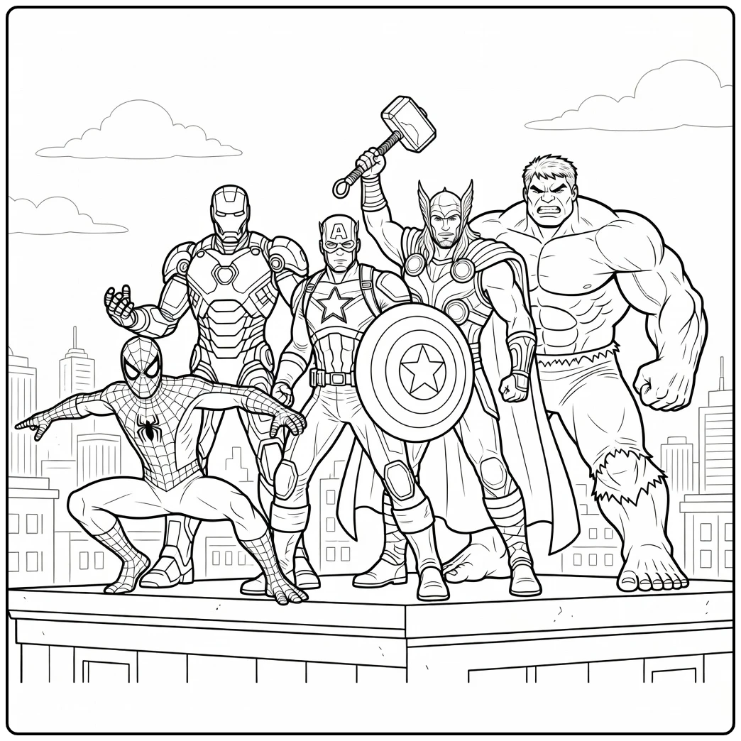 Superheroes Team in the City Marvel coloring page