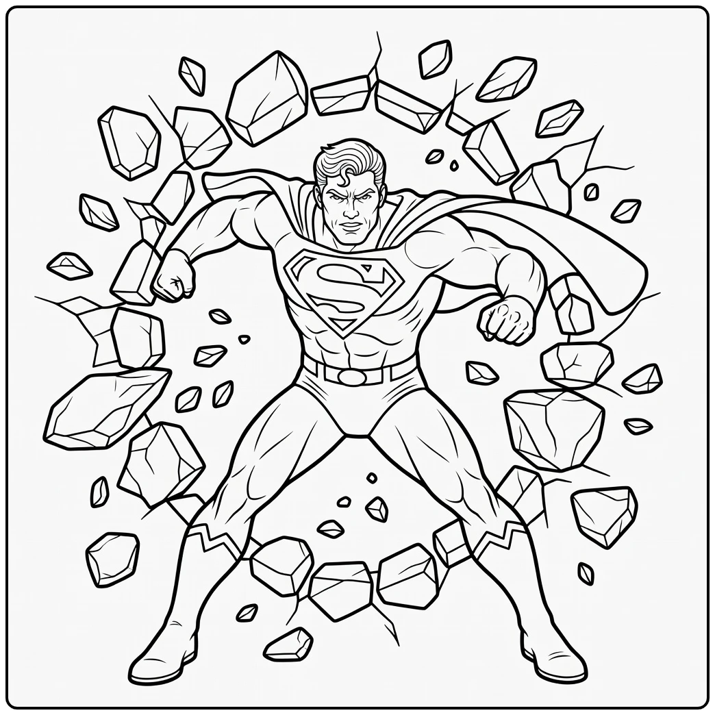 Dynamic Superman Breaking Through a Wall coloring page