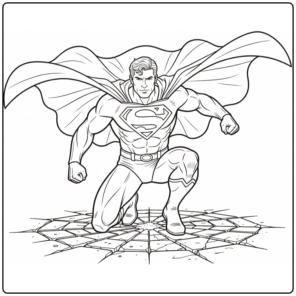 Superman Heroic Kneeling on Cracked Ground coloring page