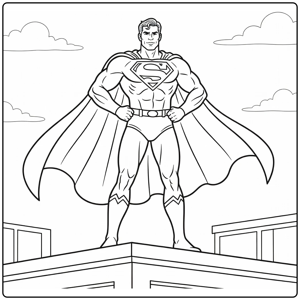 Superman coloring page with a classic heroic pose