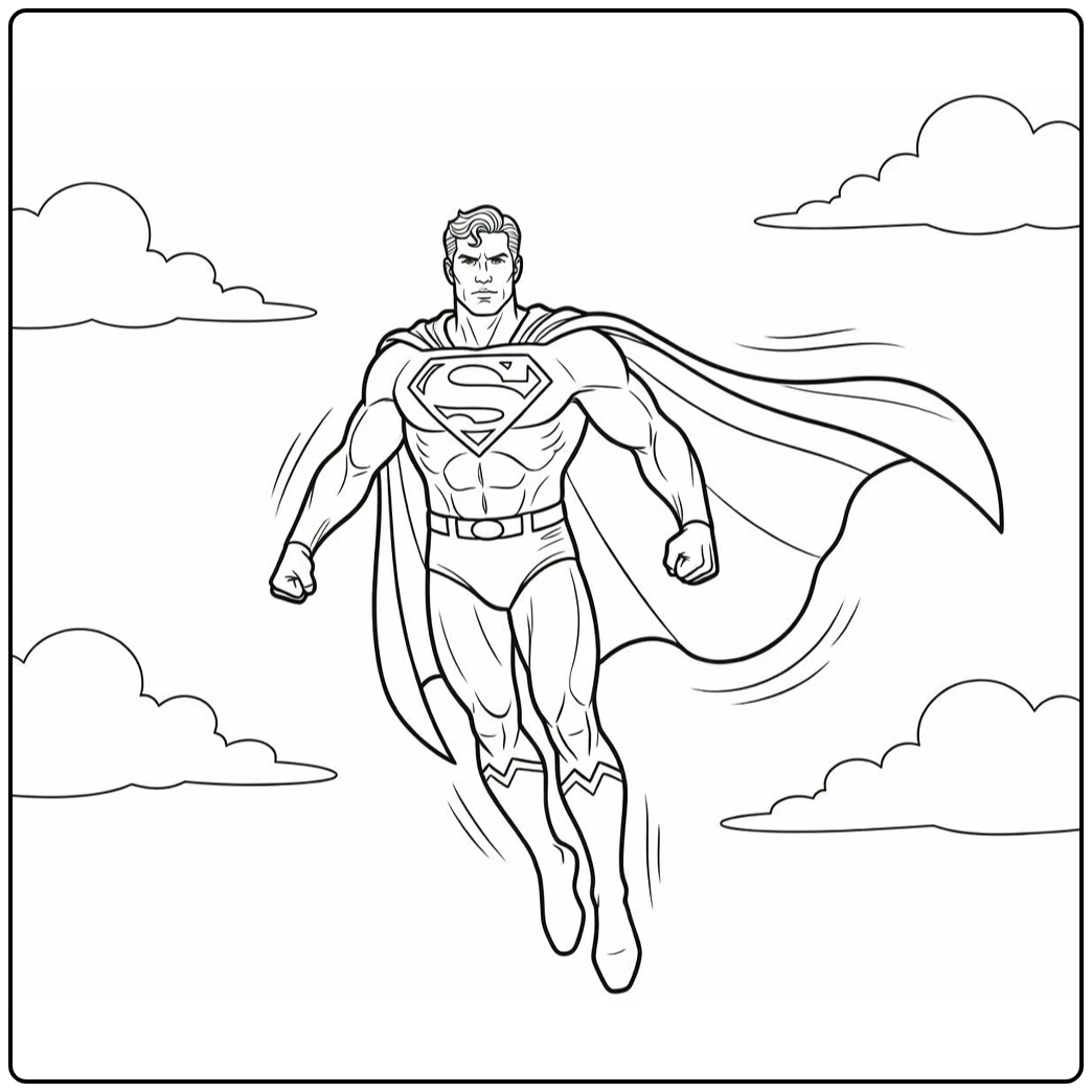 Superman Floating in Sky with Clouds and Motion coloring page