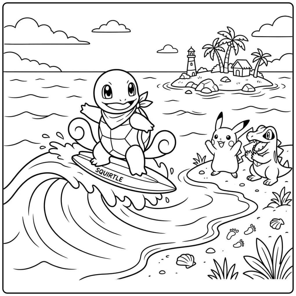 Surfer Squirtle Pikachu and Totodile Cheering coloring page