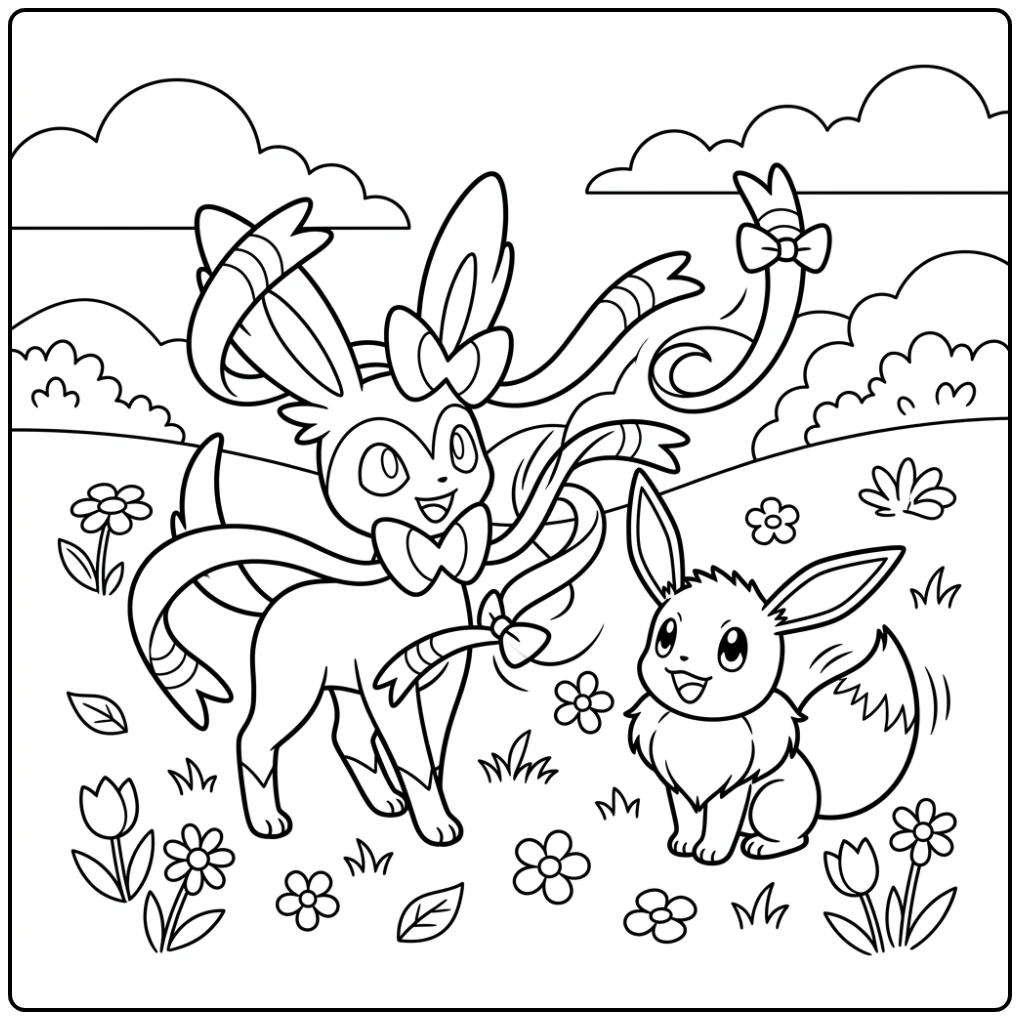 Sweet Cute Pokemon Moment with Sylveon and Eevee coloring page