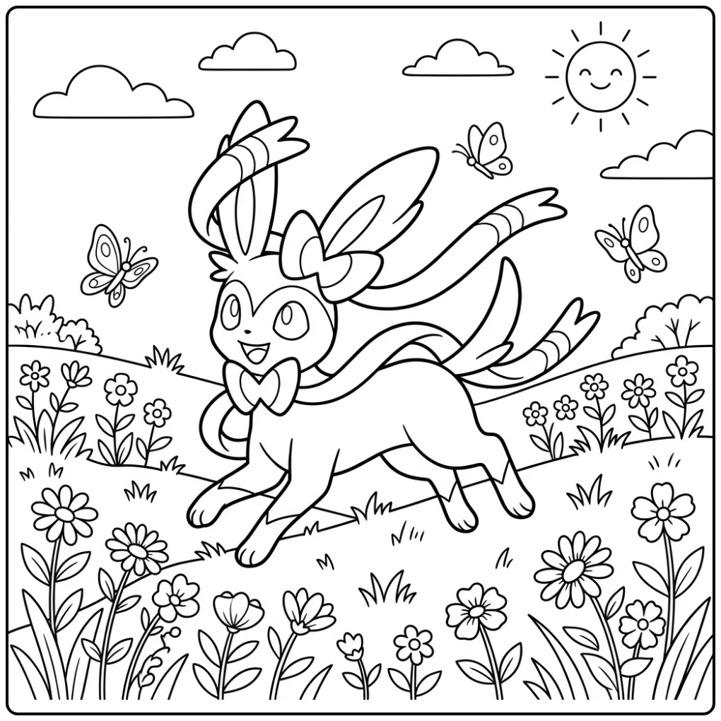Playful Sylveon in Flower Field with Butterflies coloring page