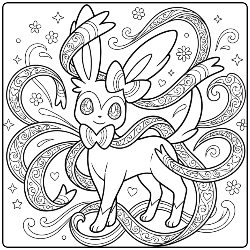 Sylveon with Elegant Ribbons Pokemon Detailed coloring page