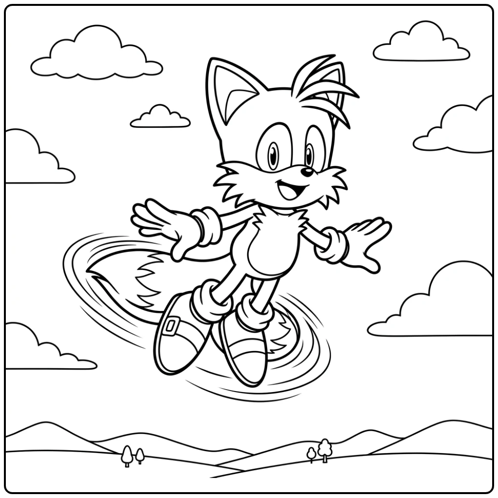 Tails Adventurously Flying in the Open Sky coloring page
