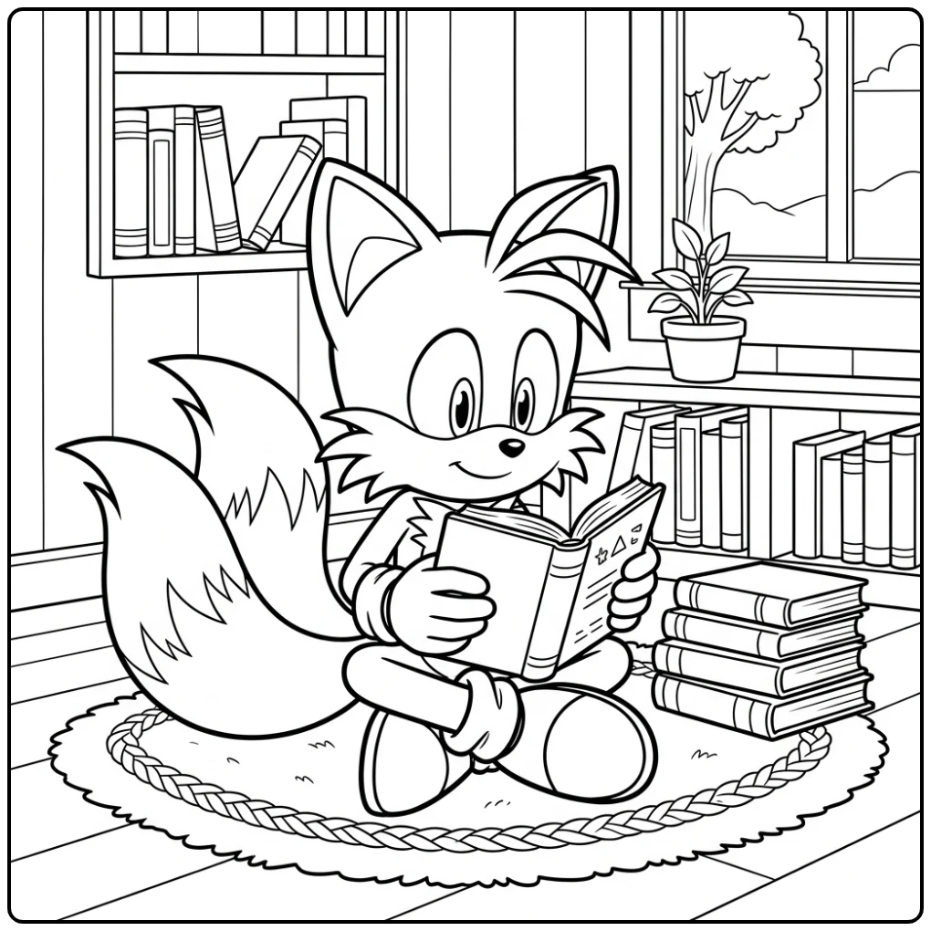 Cozy Reading Session with Tails and His Books coloring page