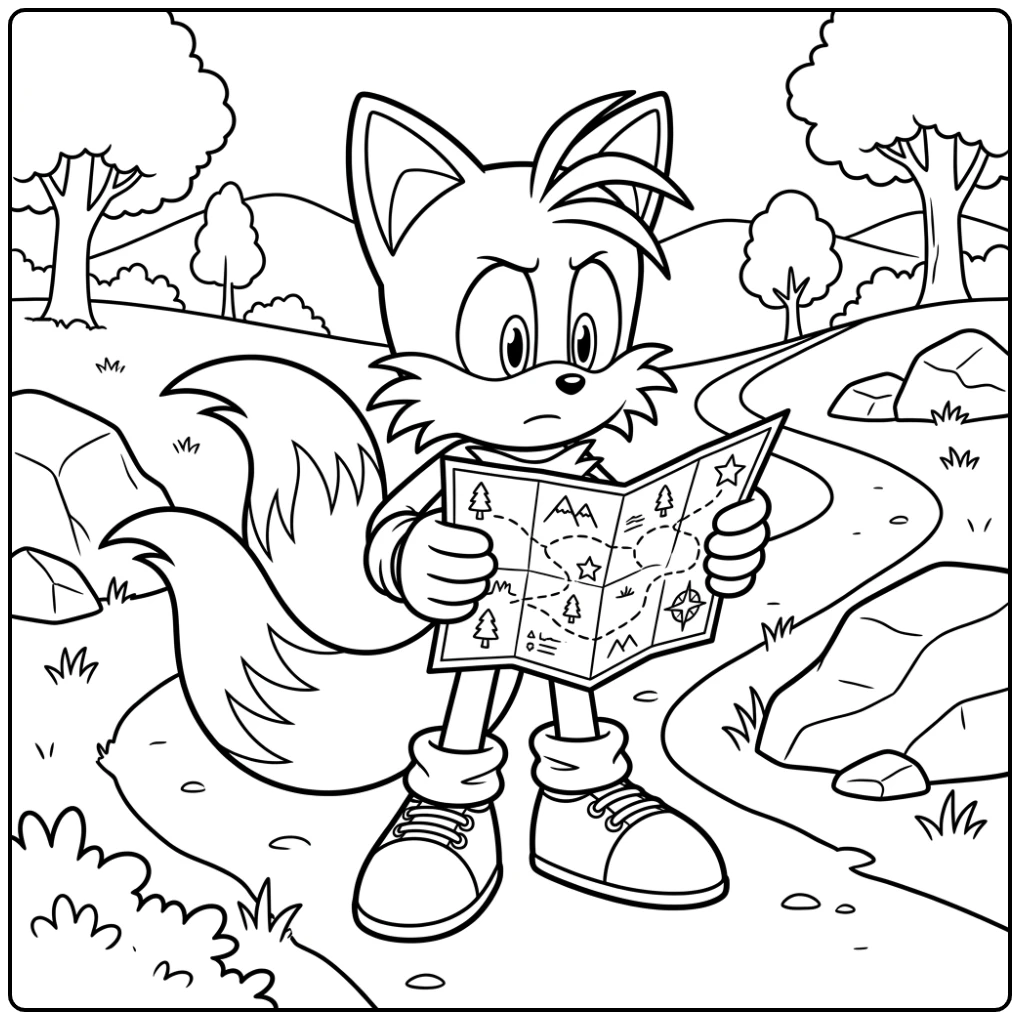 Tails Curious with Map and Path coloring page