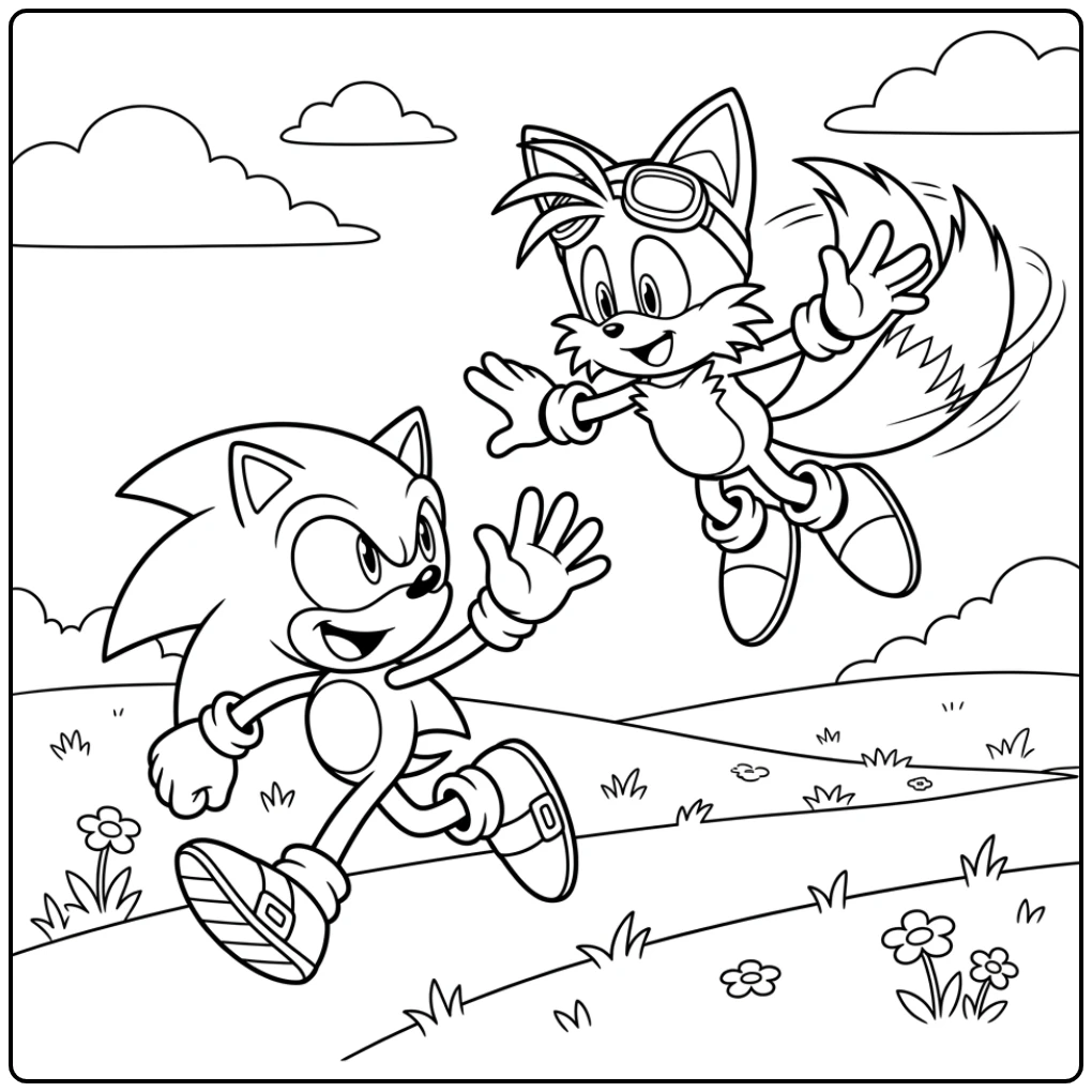 Sonic and Tails Flying Together coloring page