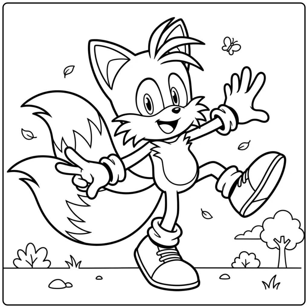 Tails Playfully Balancing on One Leg coloring page