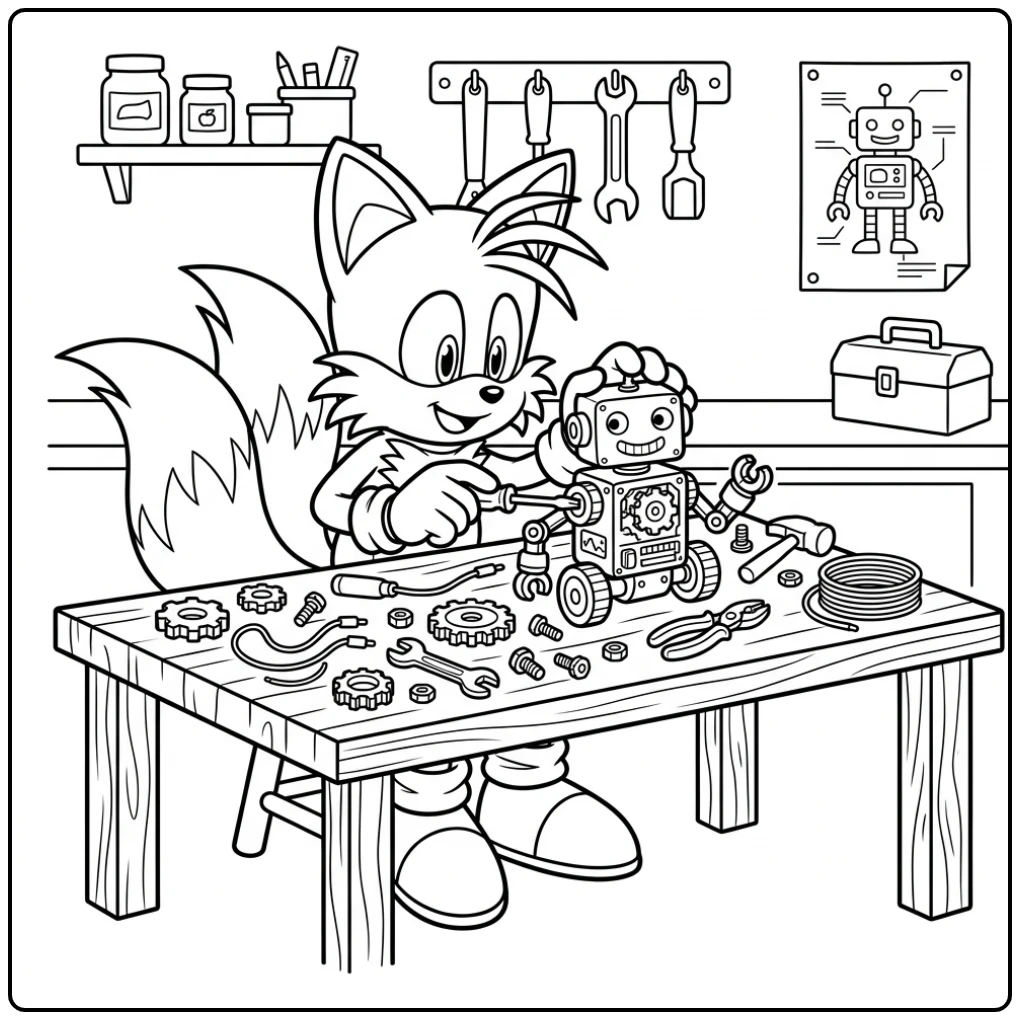 Tails Assembling His Newest Robot coloring page