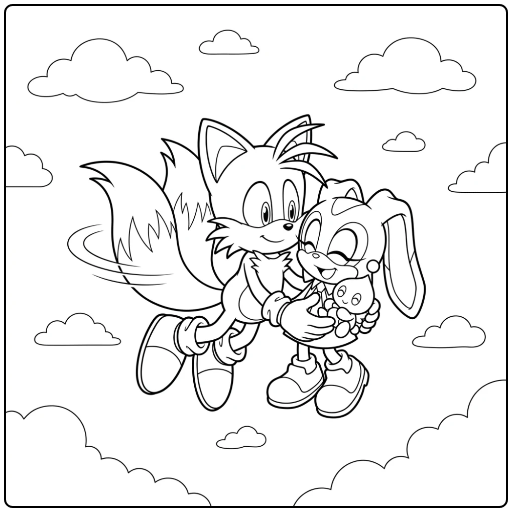 Tails and Cream Flying Together Through the Clouds coloring page
