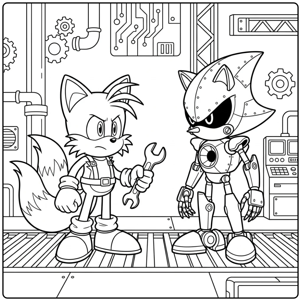 Tails Against Metal Sonic Ready for the Battle coloring page